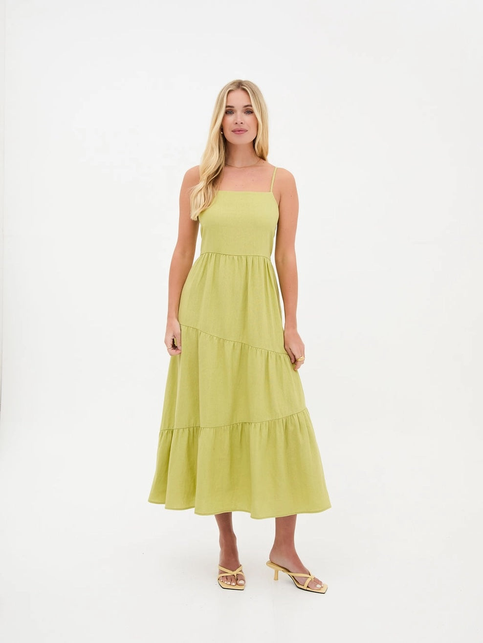 Heliotique | Fika Asymmetric Linen Midi Dress - Lime