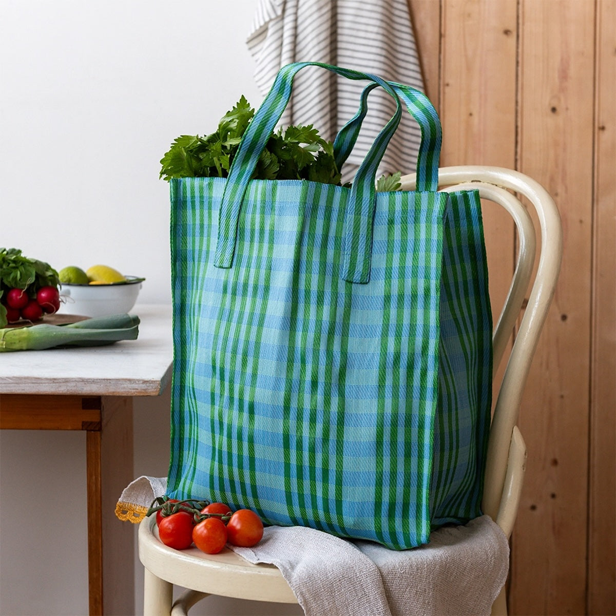 Recycled Woven Shopping Bag - Blue & Green