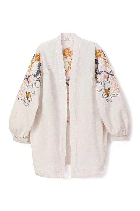 Heliotique | Embroidered Linen Kimono Jacket - Ecru