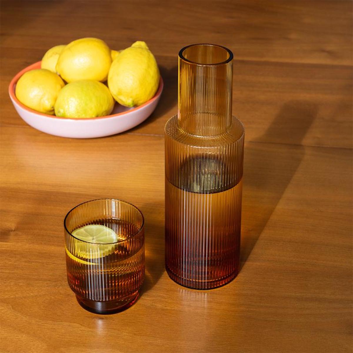 Heliotique Retro Ribbed Glass Carafe - Amber