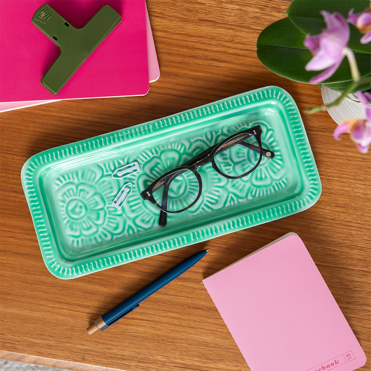 Heliotique Enamel Floral Trinket Tray - Green
