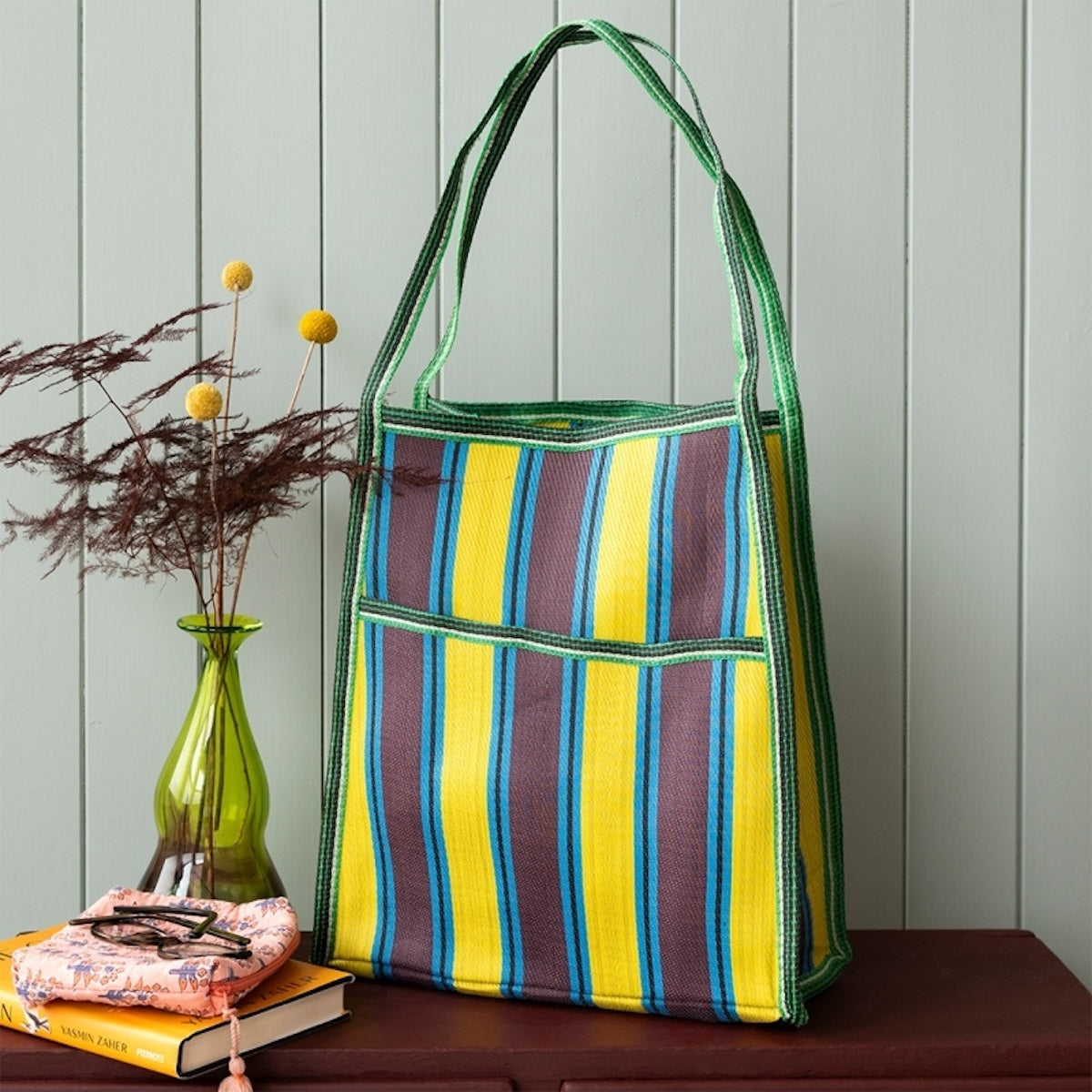 Recycled Woven Striped Bag – Brown, Yellow & Teal