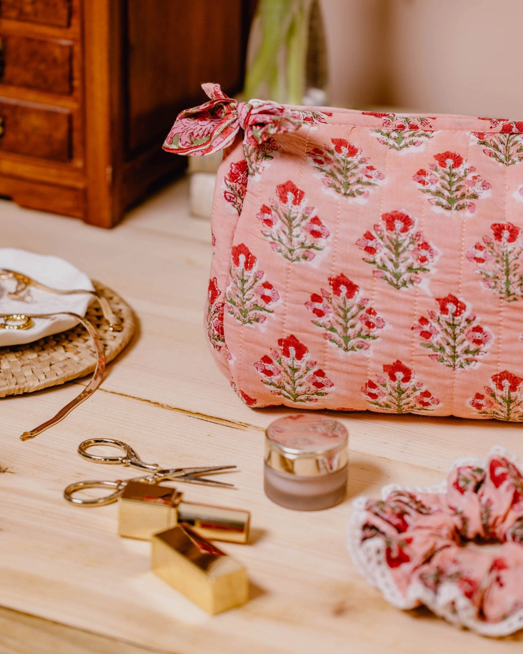 Floral Block Print Wash Bag - Apricot Floral