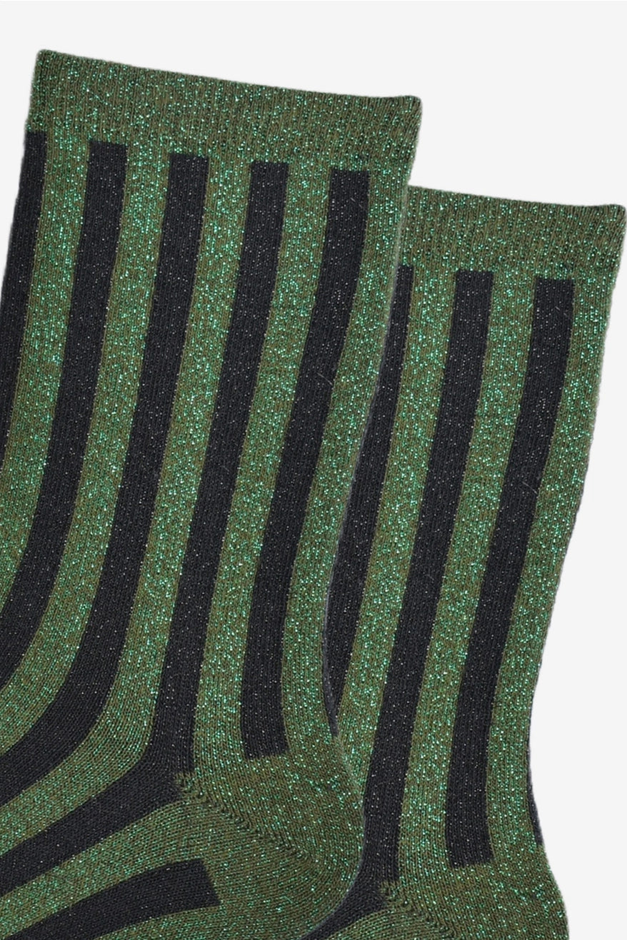 Heliotique Vertical Stripe Glitter Socks - Green / Black
