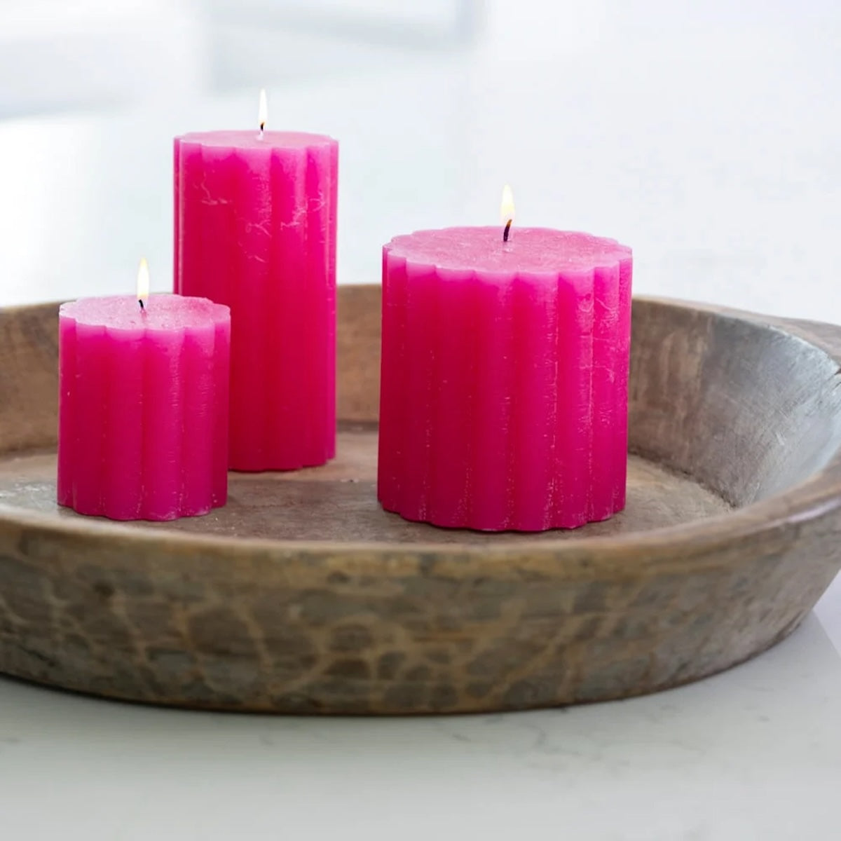 Heliotique | Grand Illusions Rustic Scalloped Pillar Candle - Fuchsia