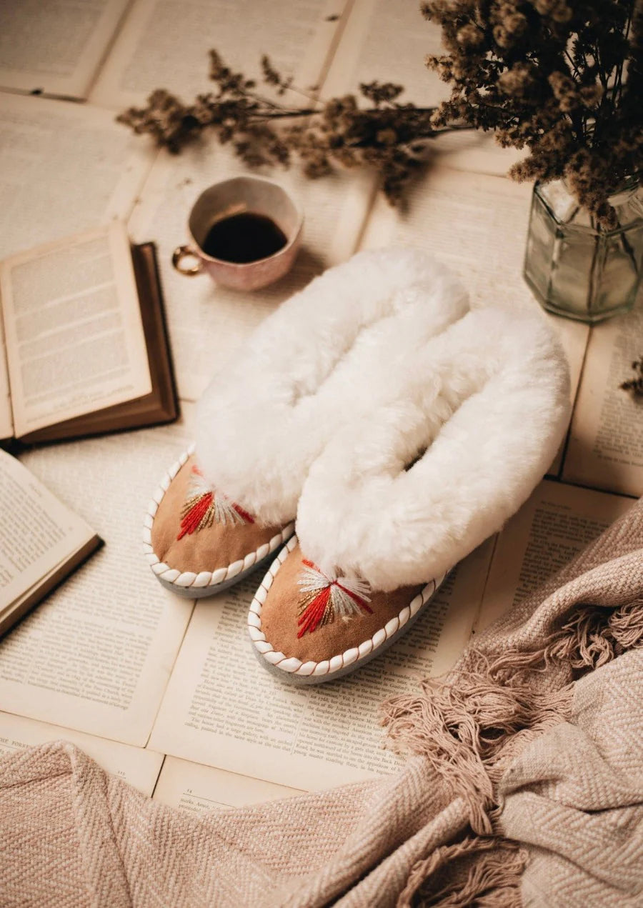 Heliotique Embroidered Sheepskin Slippers - Butterfly White