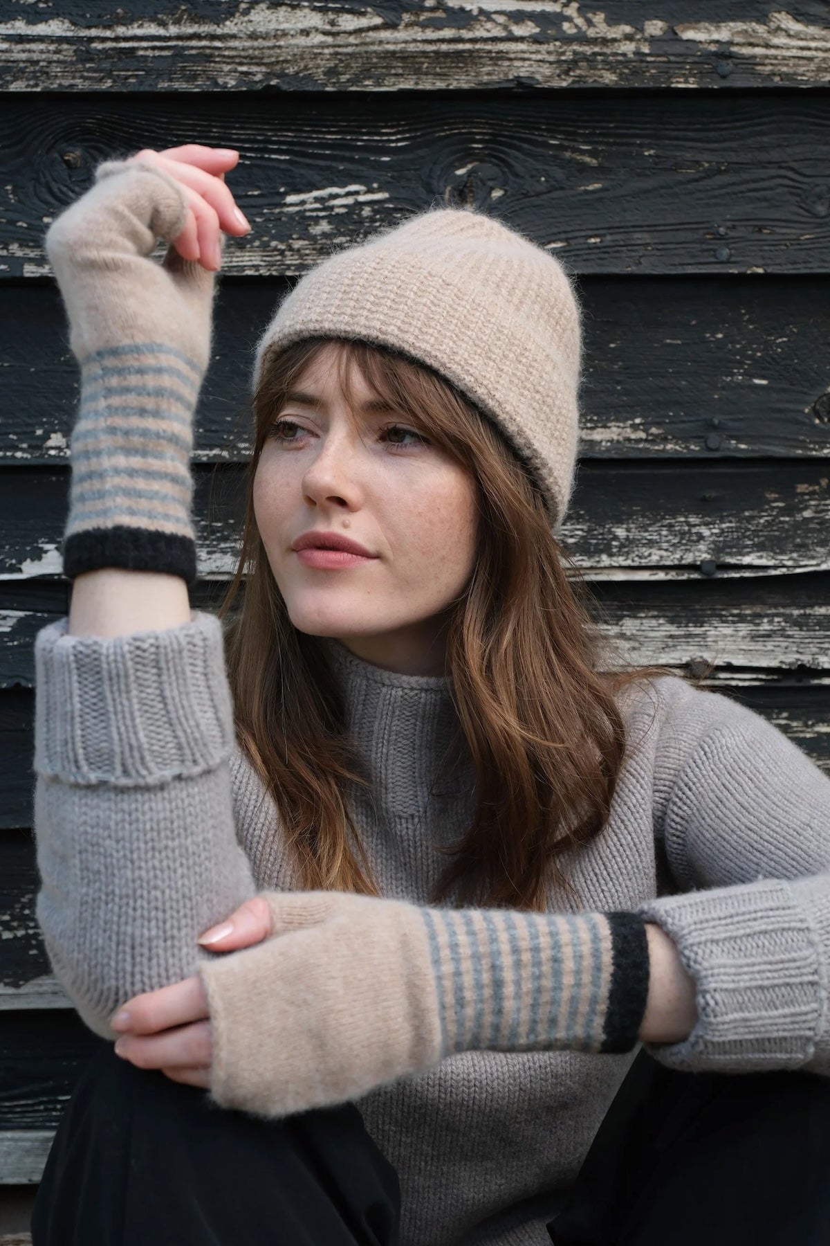 Heliotique | Quinton & Chadwick Angora Fingerless Mittens - Fossil