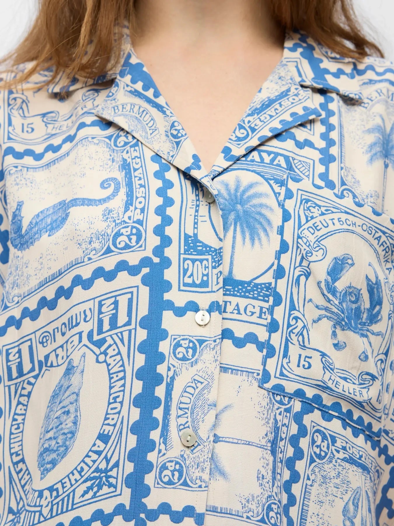 Heliotique Postcard Stamp Relaxed Fit Shirt - Blue
