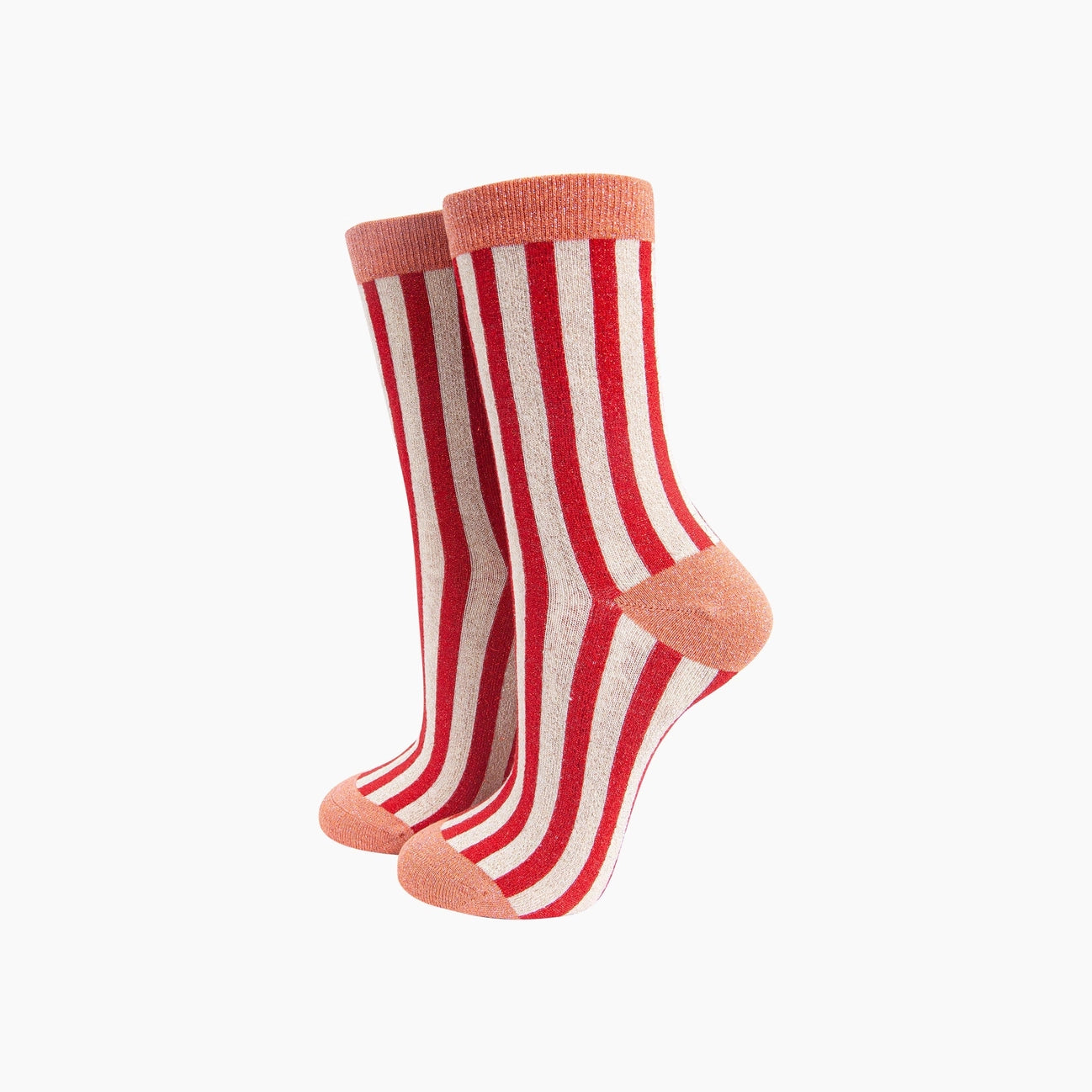 Vertical Stripe Glitter Socks - Peach / Red