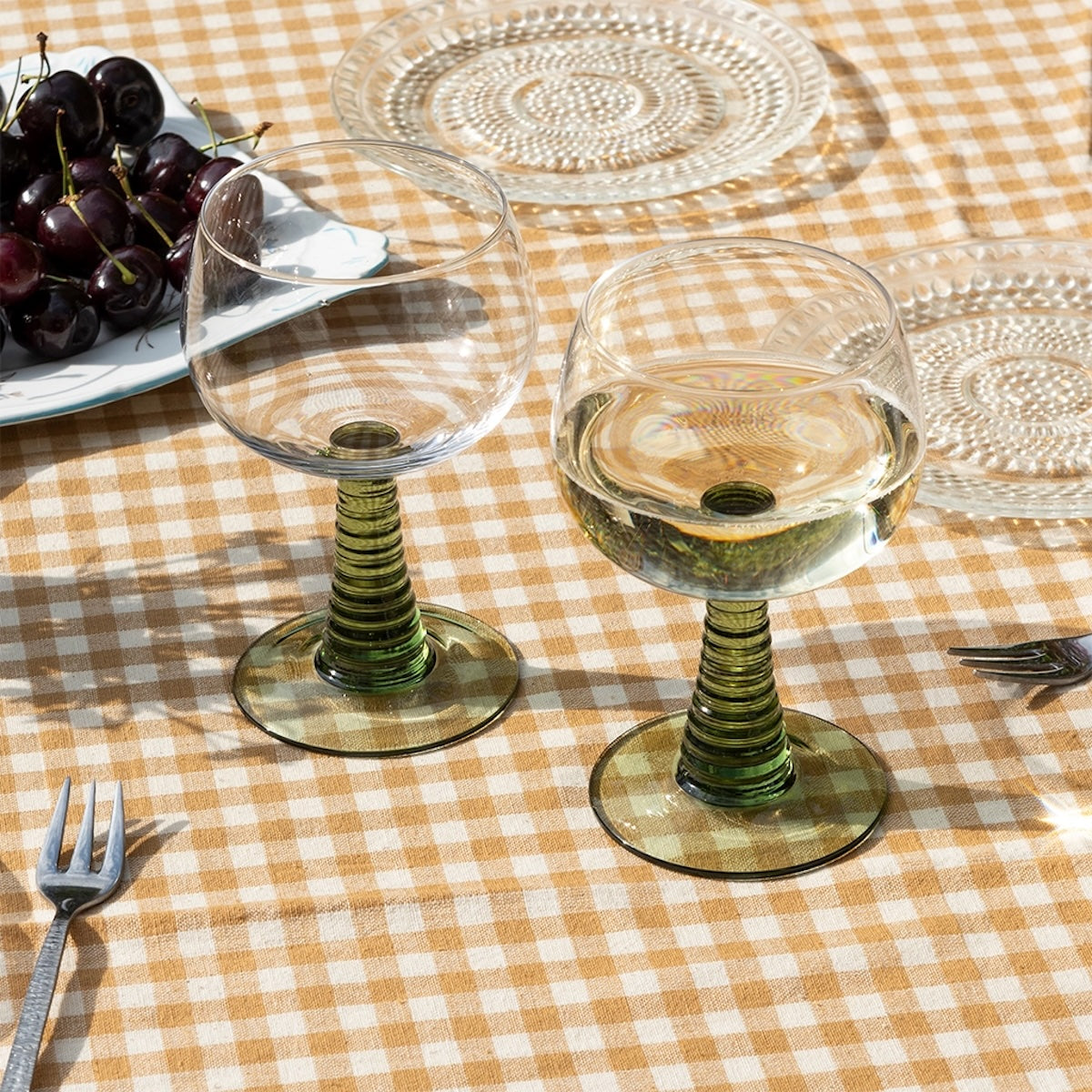 Set of Two Retro Roemer-Style Wine Glasses - Olive