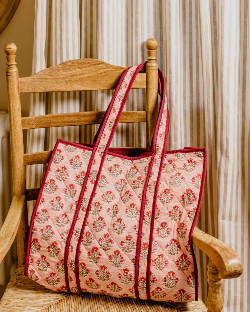 Apricot Floral Block Print Tote Bag