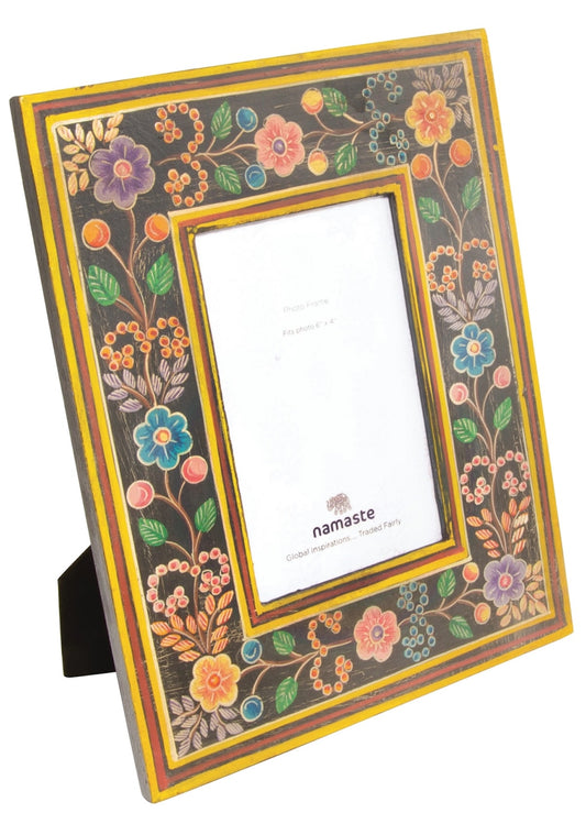 Heliotique | Namaste Floral Hand Painted Photo Frame - Black