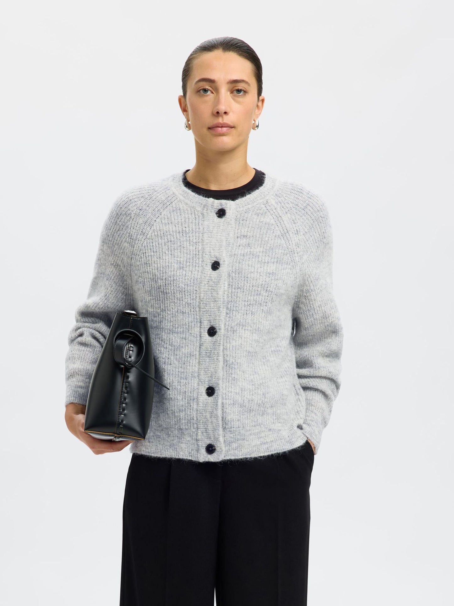 Wool Blend Cardigan - Light Grey Melange