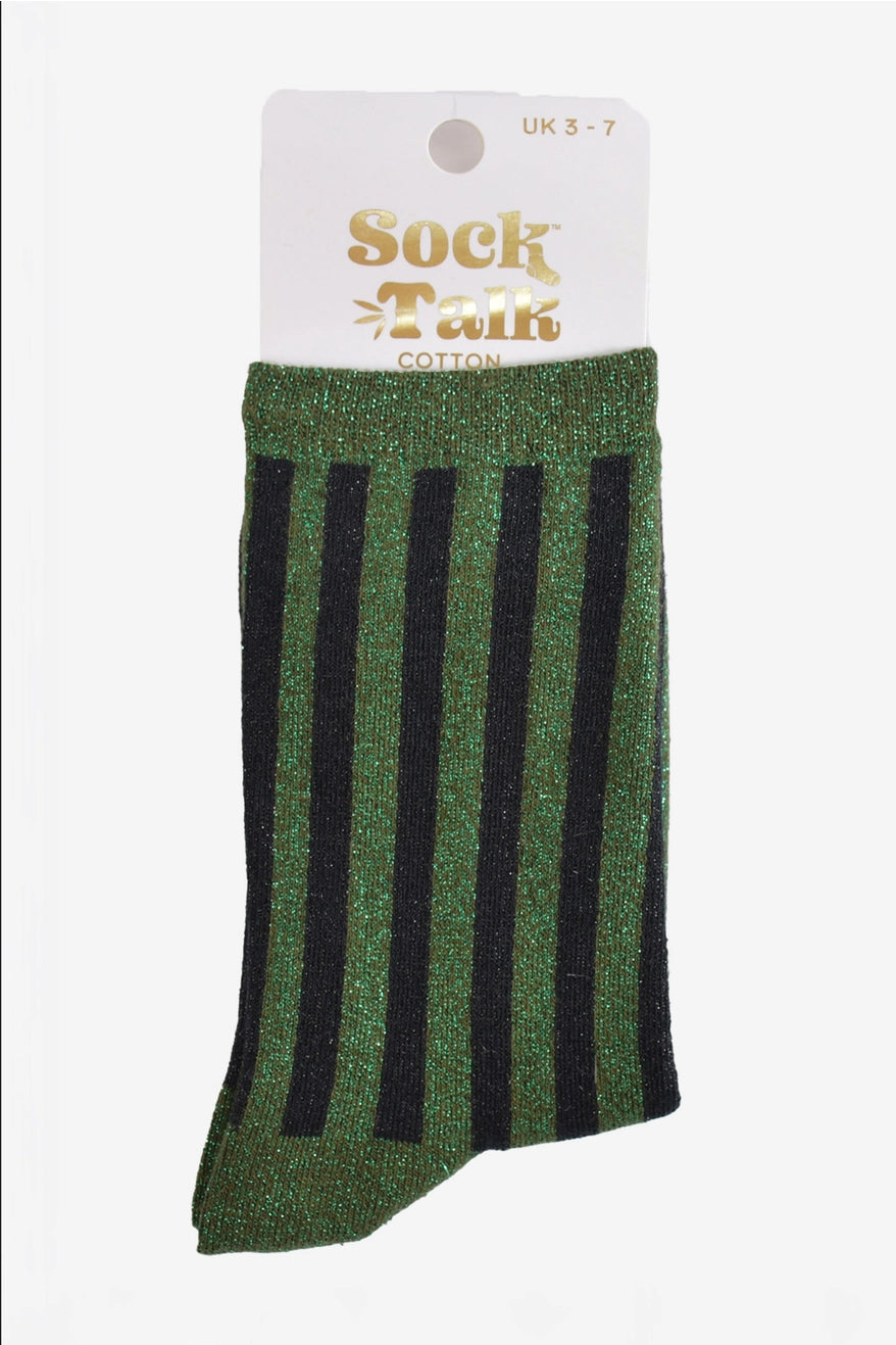 Heliotique Vertical Stripe Glitter Socks - Green / Black