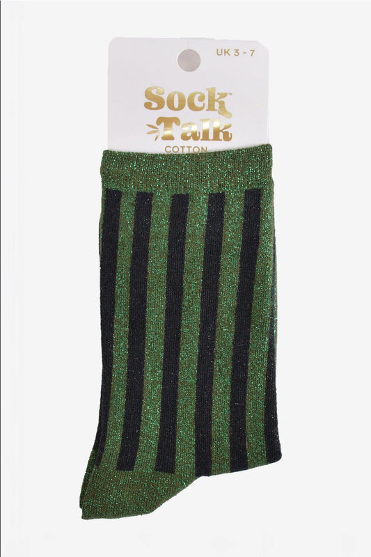 Heliotique Vertical Stripe Glitter Socks - Green / Black