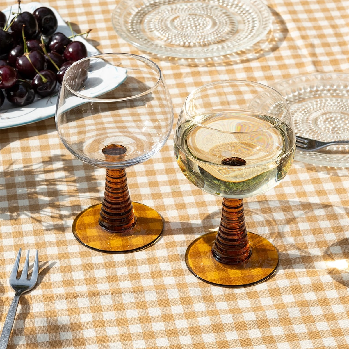 Set of Two Retro Roemer-Style Wine Glasses - Amber
