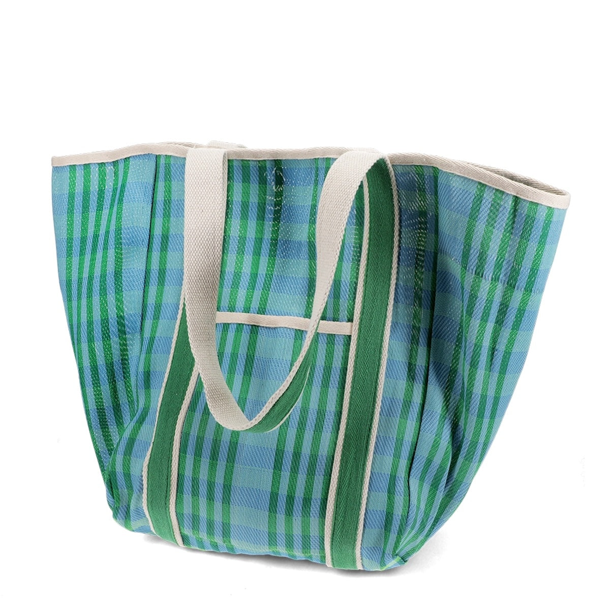 Recycled Woven Striped Tote Bag - Blue and Green