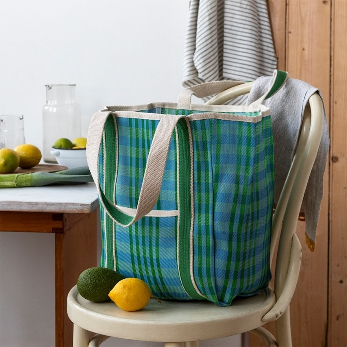 Recycled Woven Striped Tote Bag - Blue and Green
