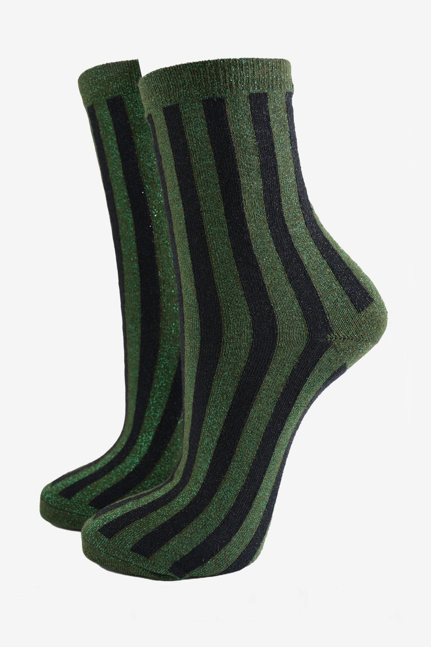 Heliotique Vertical Stripe Glitter Socks - Green / Black
