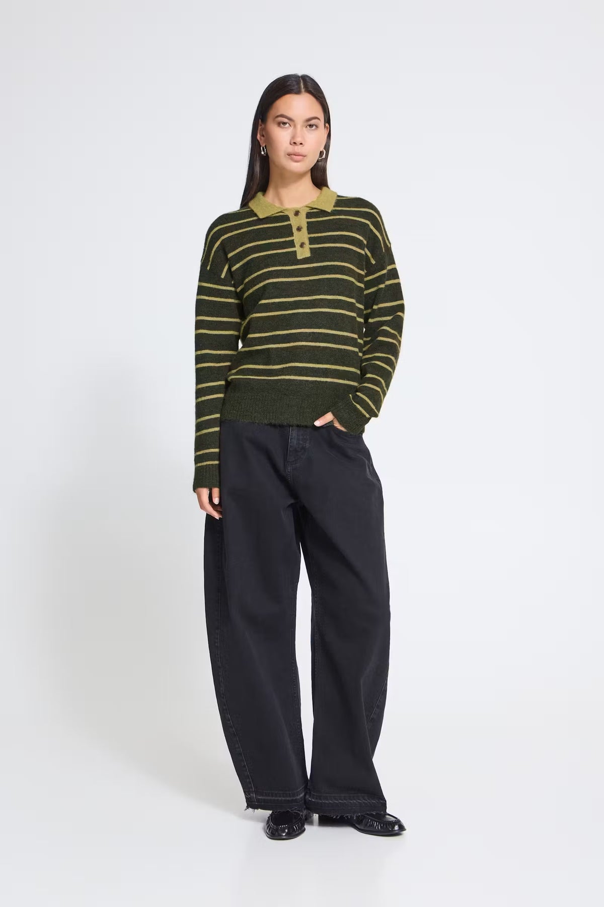 Sage Collared Stripe Jumper - Rosin & Leek Green