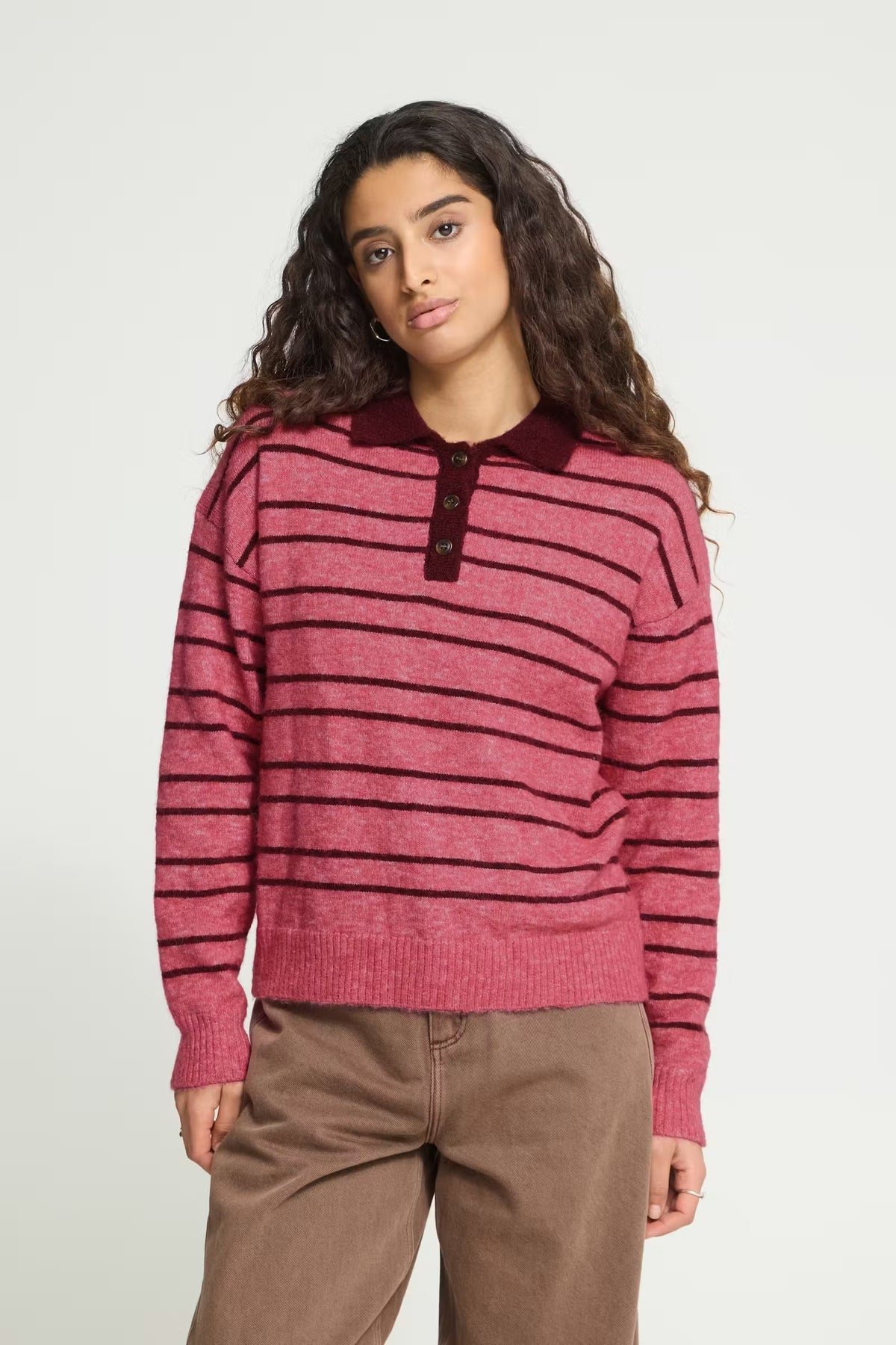 Sage Collared Stripe Jumper - Pink & Maroon