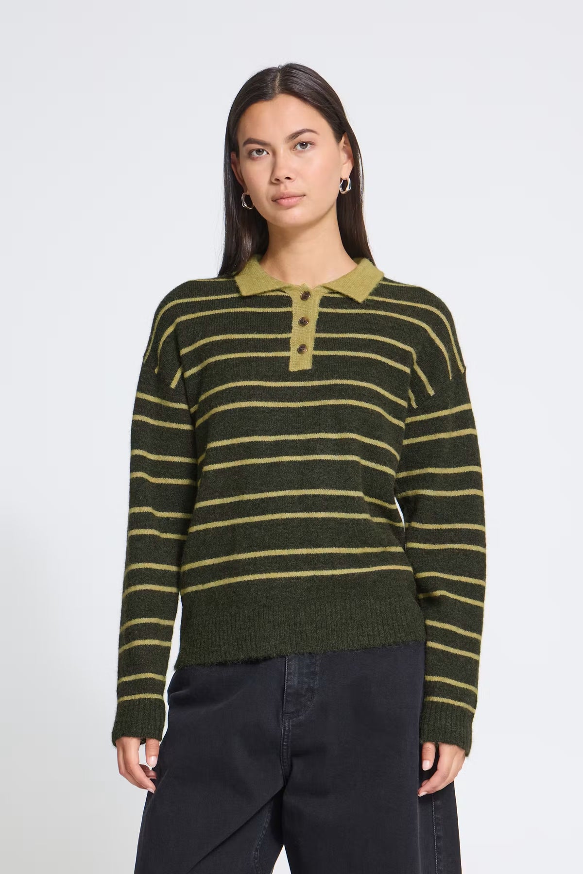 Sage Collared Stripe Jumper - Rosin & Leek Green