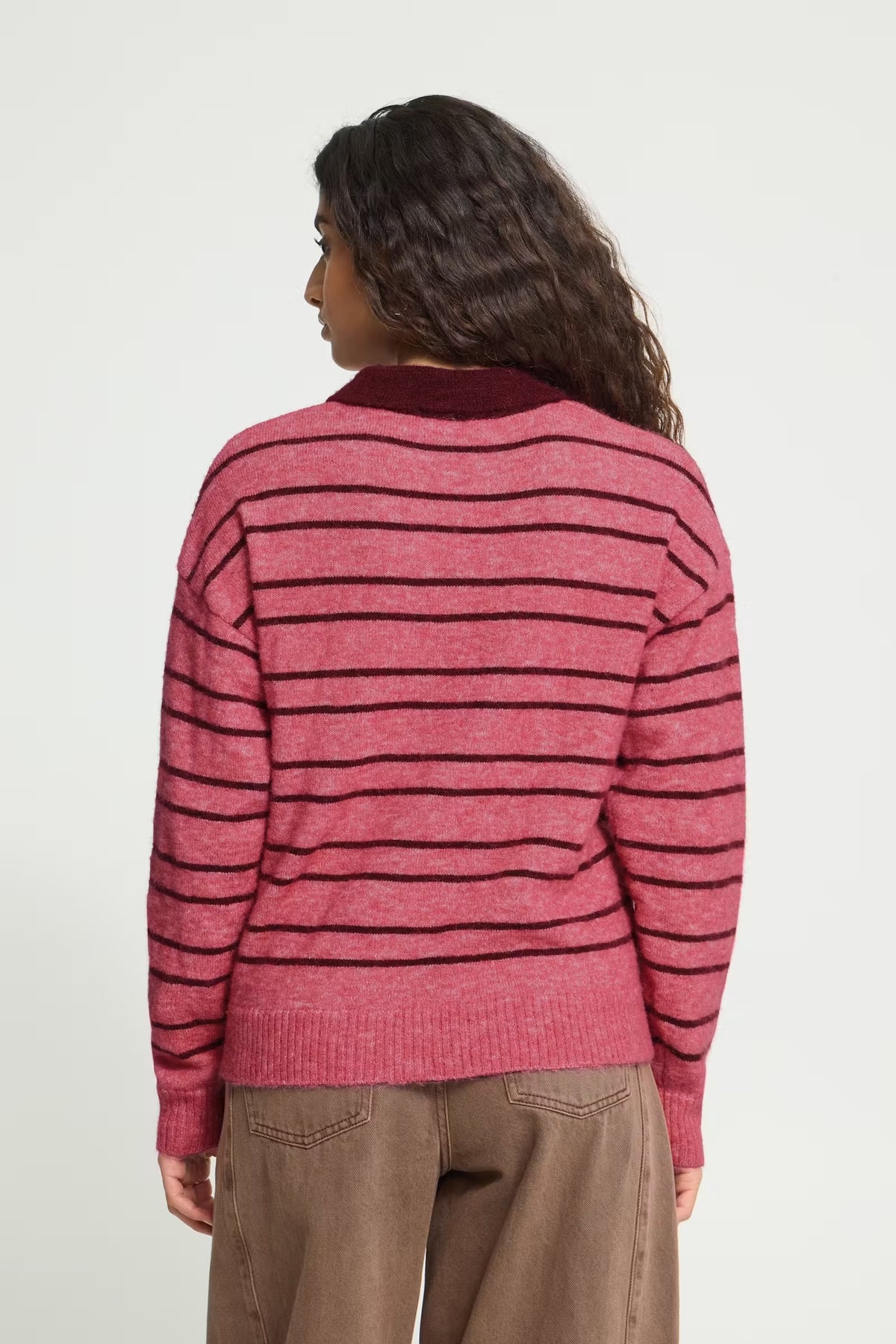 Sage Collared Stripe Jumper - Pink & Maroon