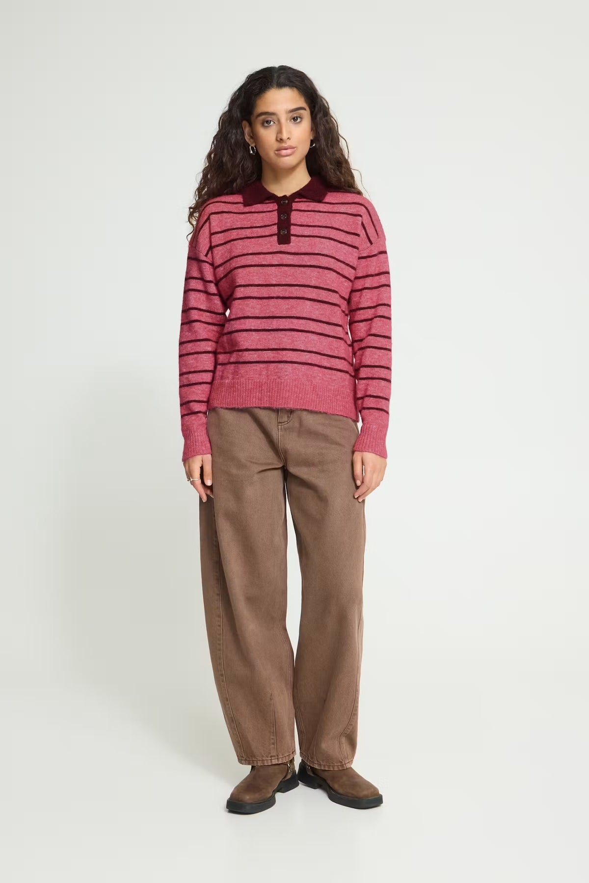 Sage Collared Stripe Jumper - Pink & Maroon