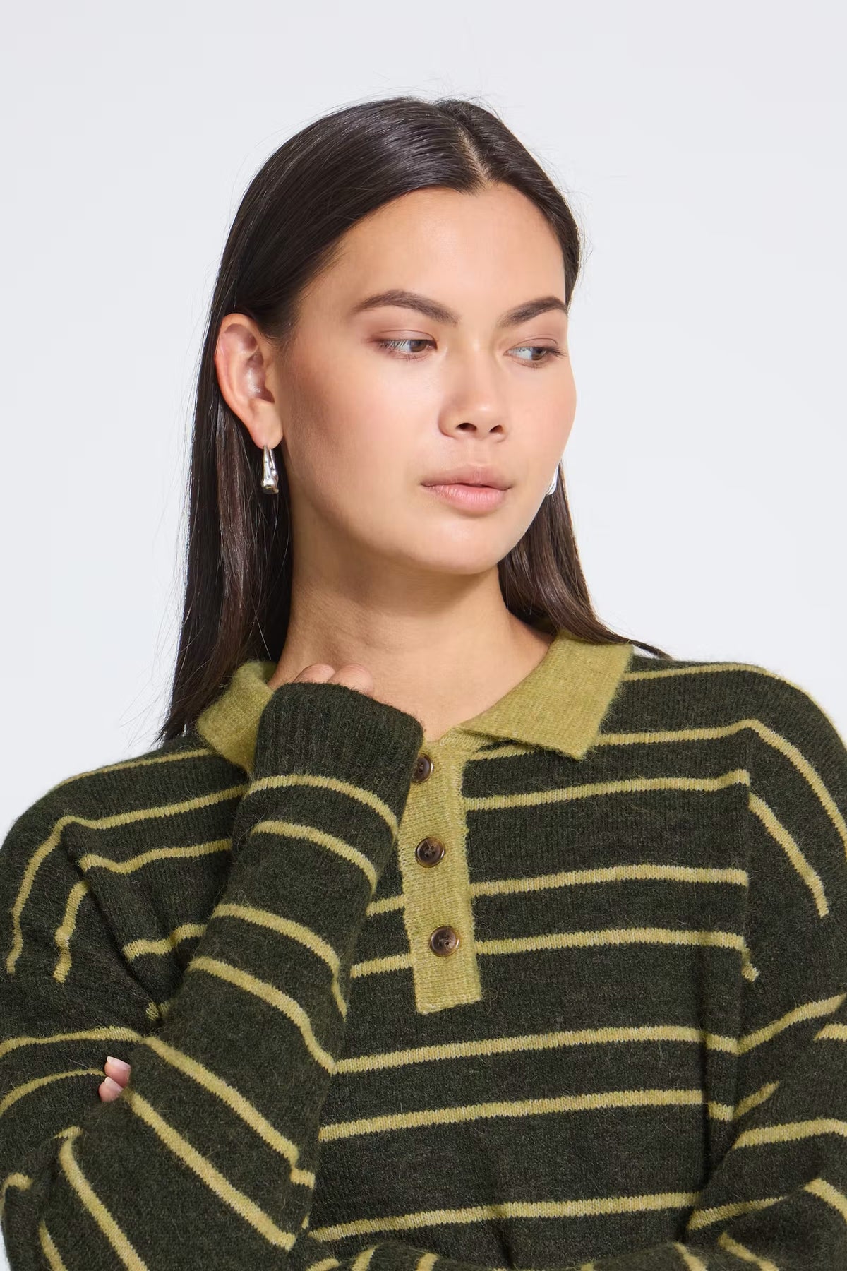 Sage Collared Stripe Jumper - Rosin & Leek Green