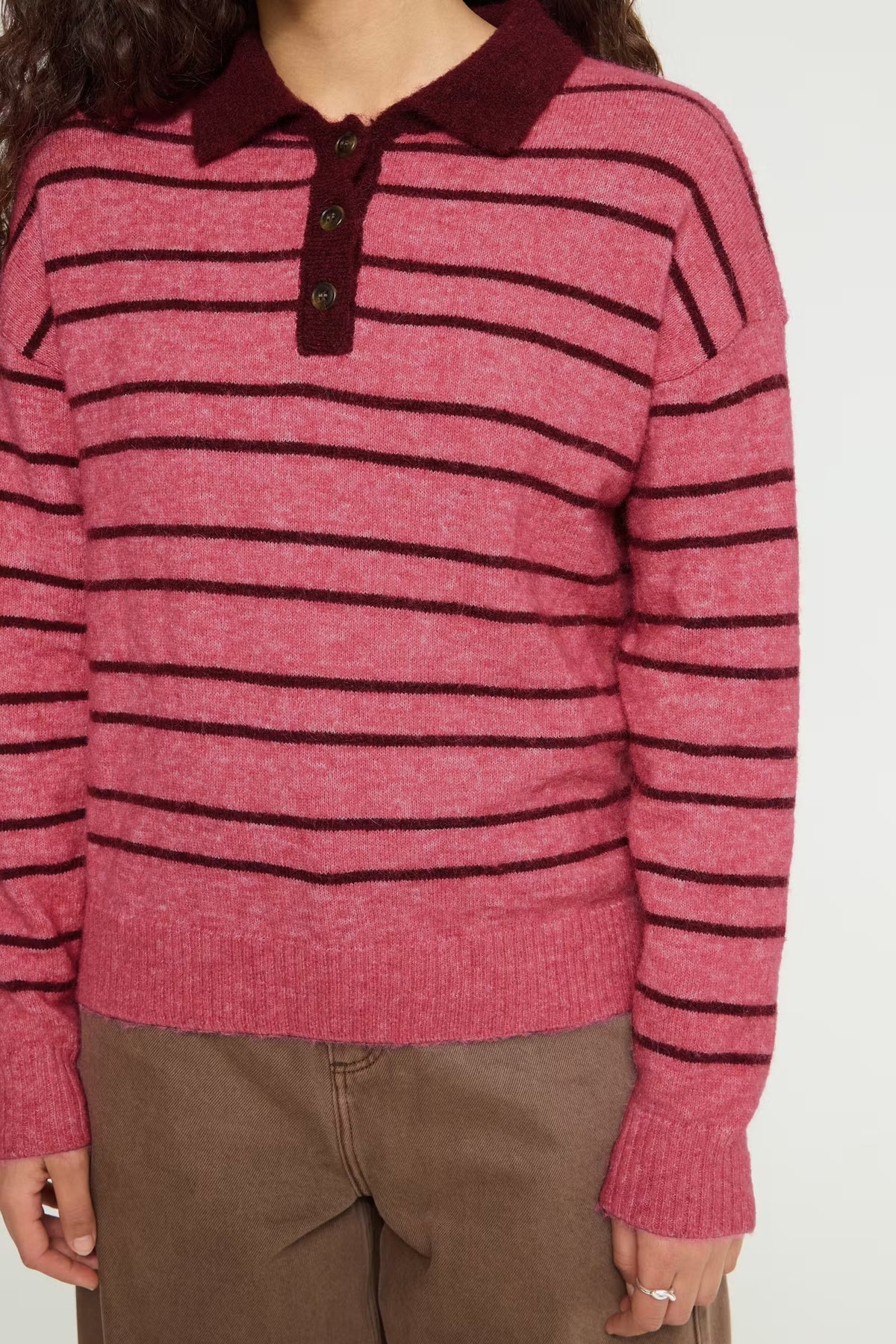 Sage Collared Stripe Jumper - Pink & Maroon
