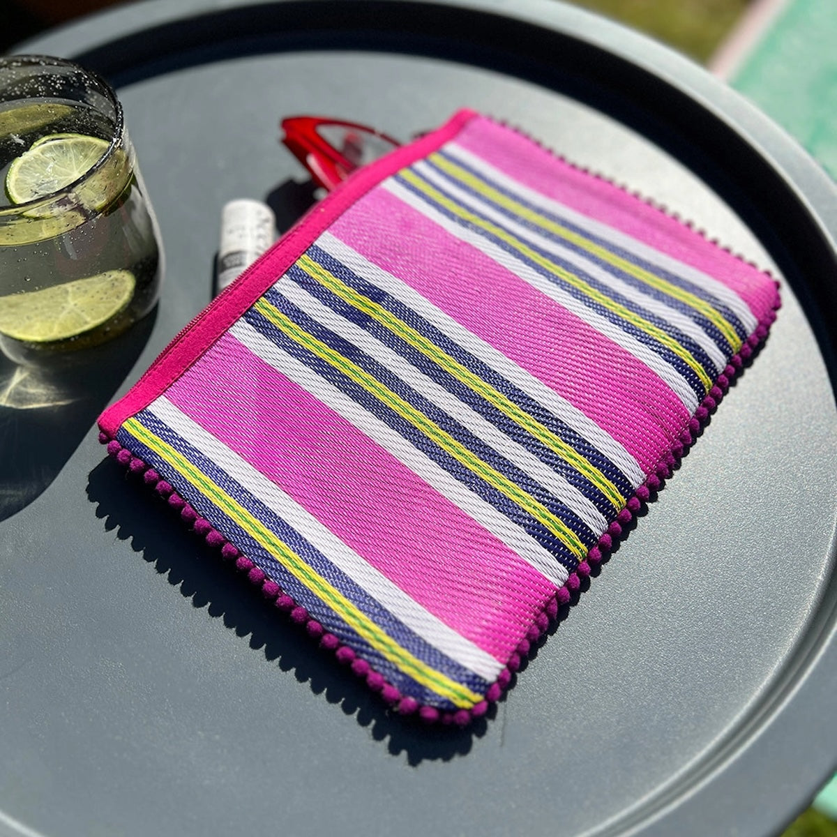 Recycled Woven Pom Pom Pouch - Pink
