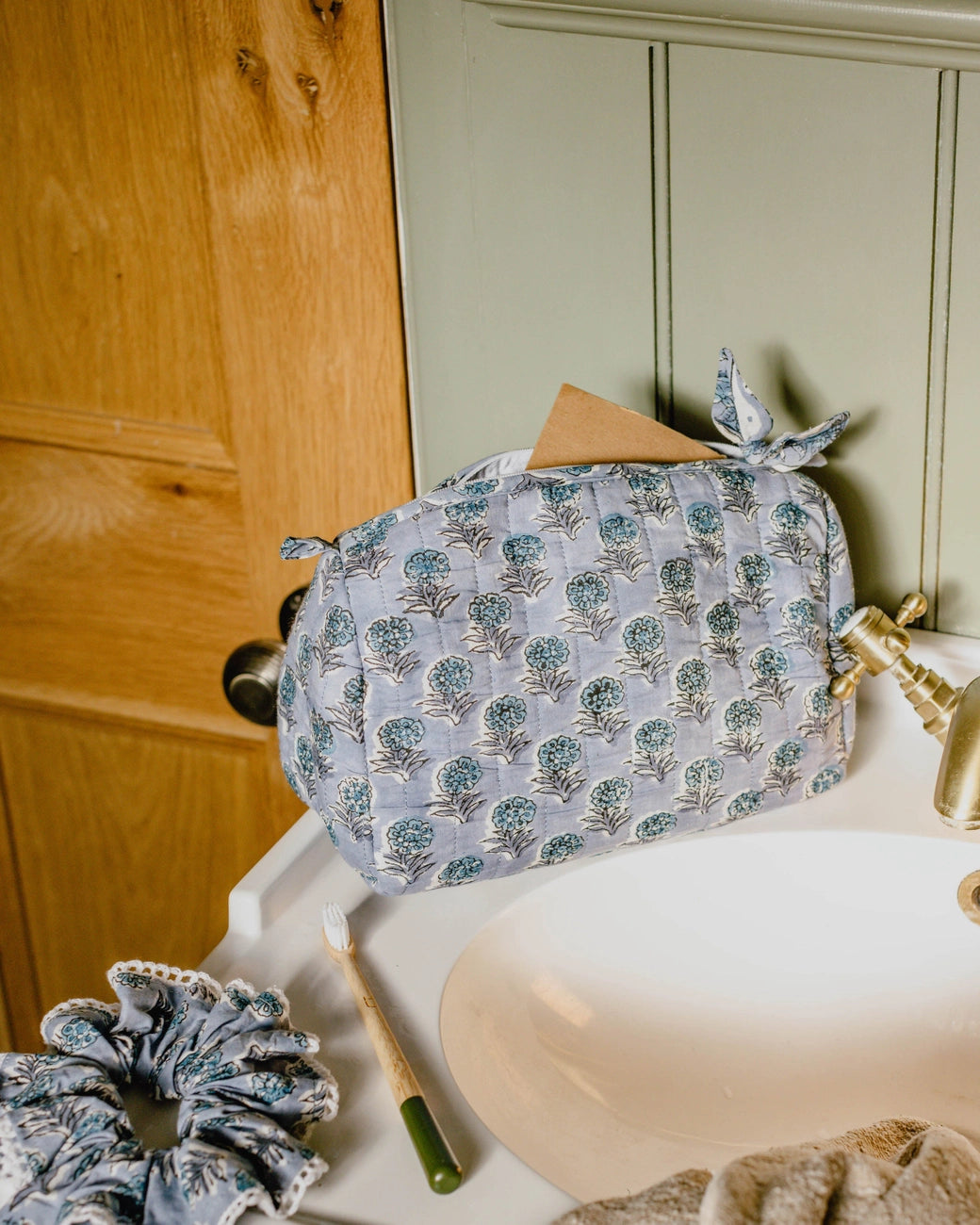 Floral Block Print Wash Bag - Blue Buti