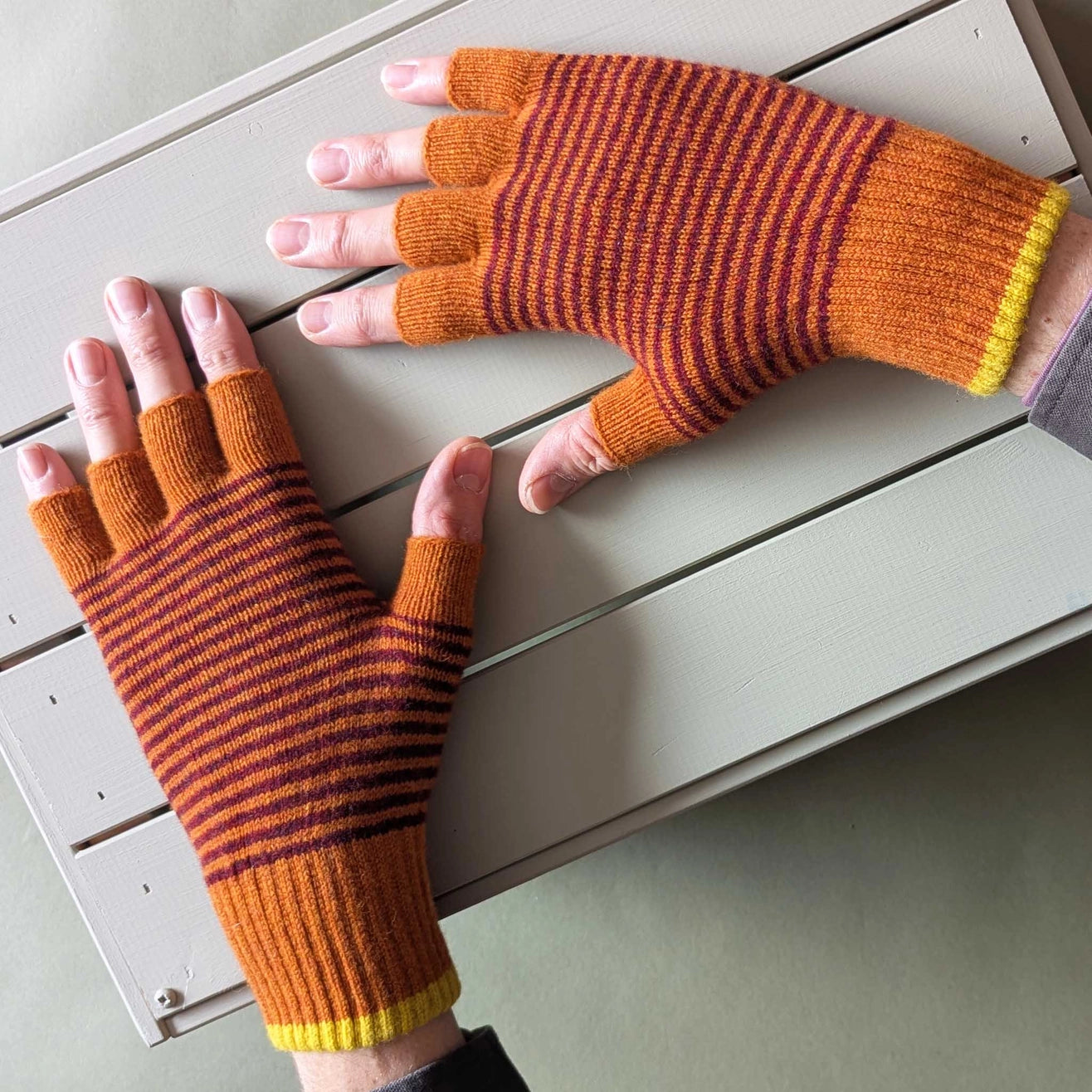 Heliotique | Catherine Tough Unisex Stripe Fingerless Gloves - Rust