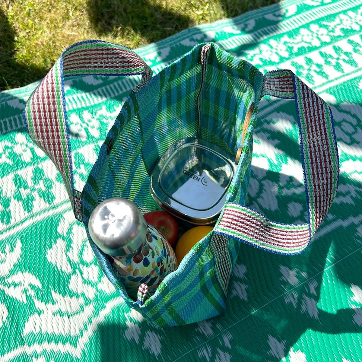 Recycled Woven Lunch Bag - Green / Blue