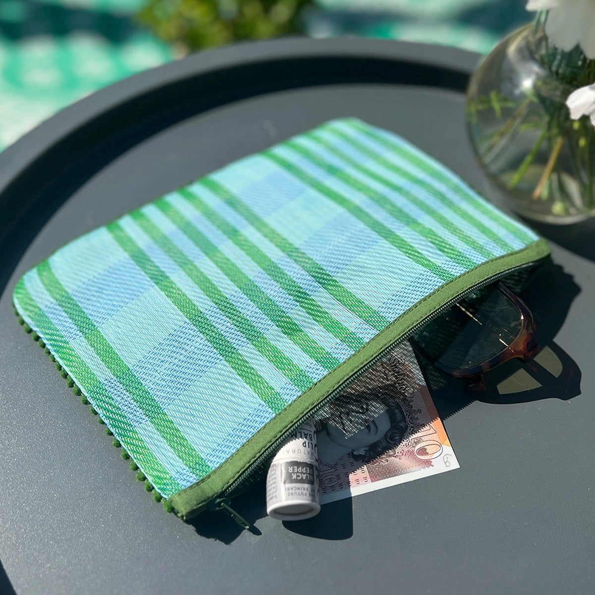 Recycled Woven Pom Pom Pouch - Blue / Green