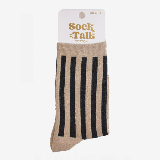 Heliotique Vertical Stripe Glitter Socks - Beige / Black