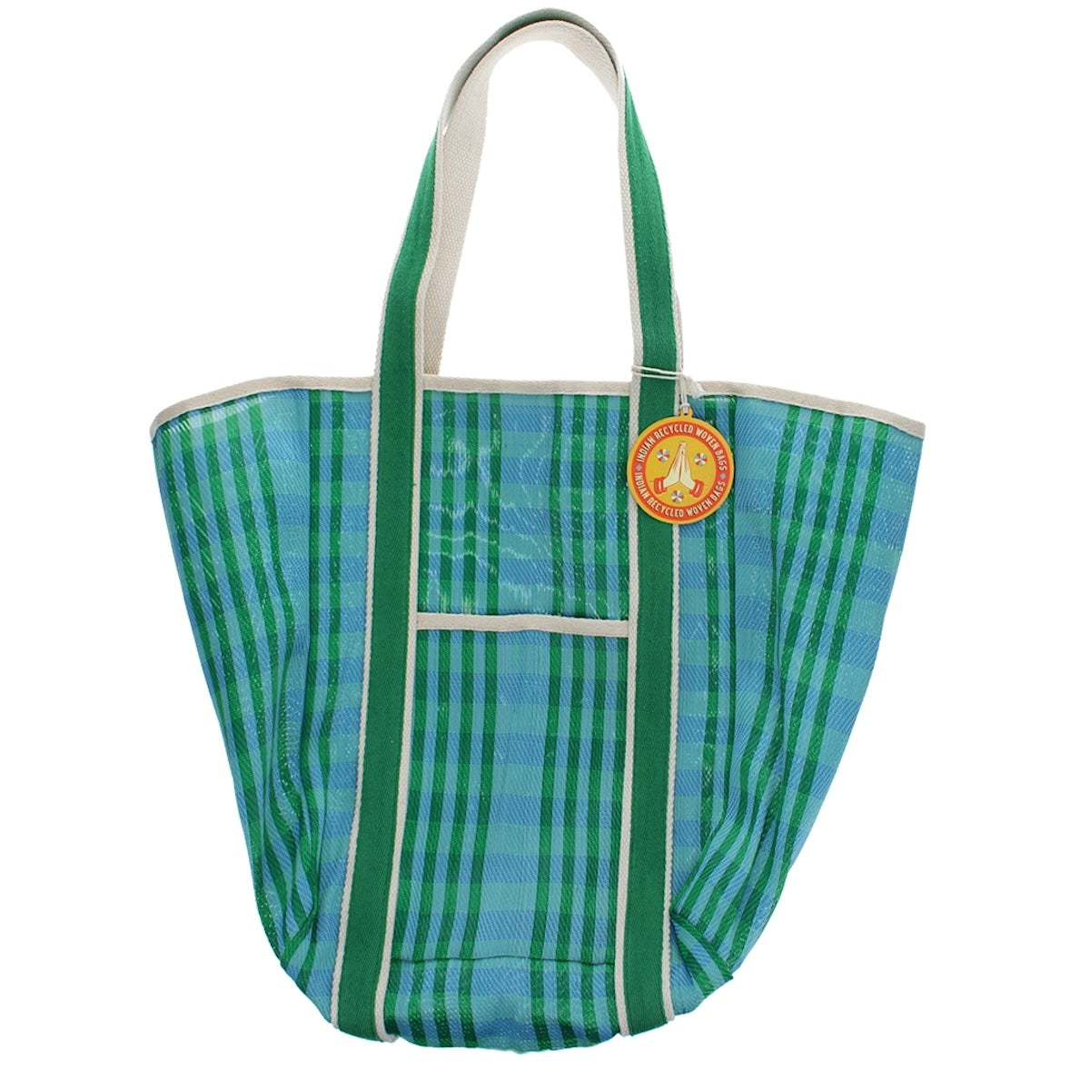 Recycled Woven Striped Tote Bag - Blue and Green