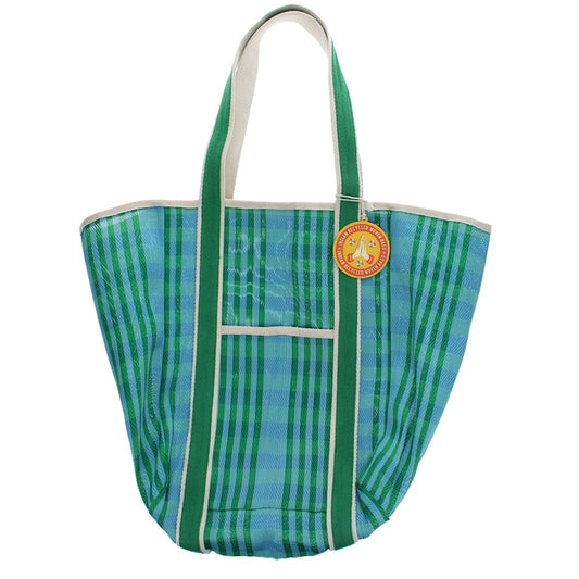 Recycled Woven Striped Tote Bag - Blue and Green