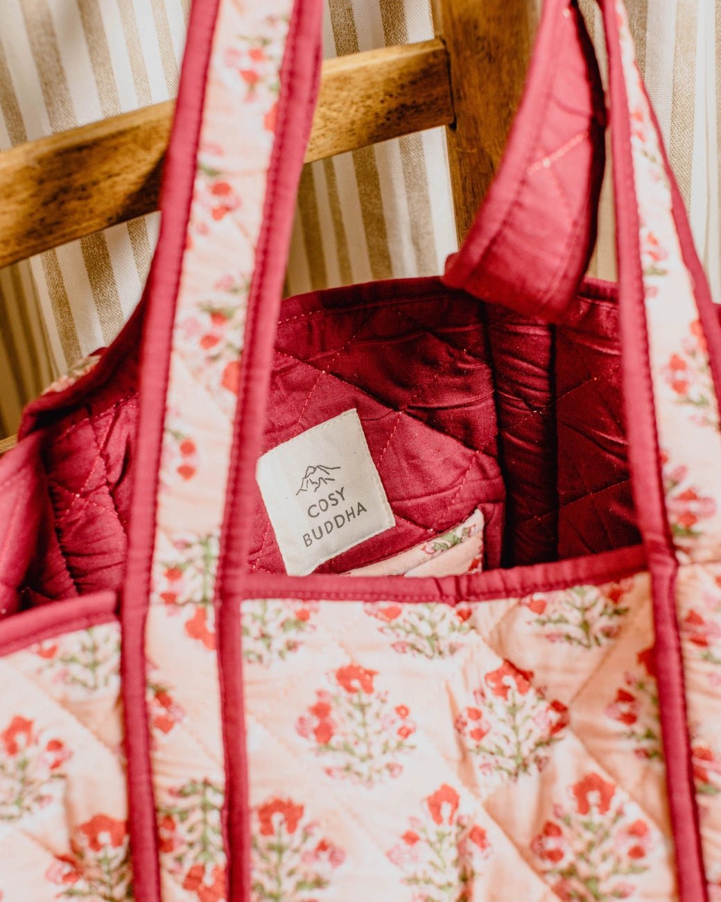 Apricot Floral Block Print Tote Bag