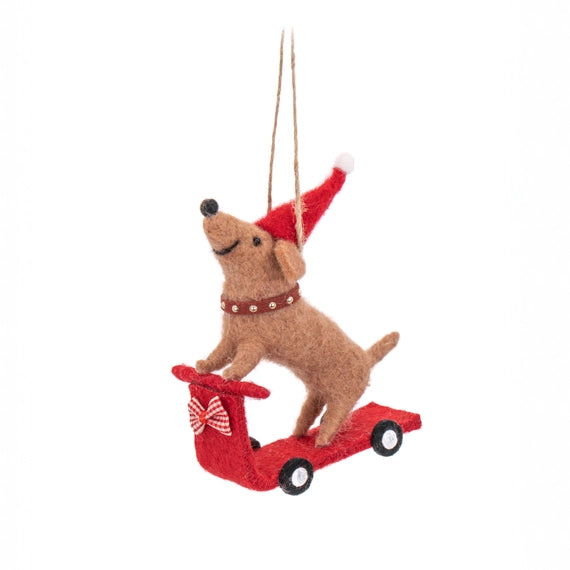 Heliotique | Sass & Belle Wool Sausage Dog on Scooter Tree Decoration