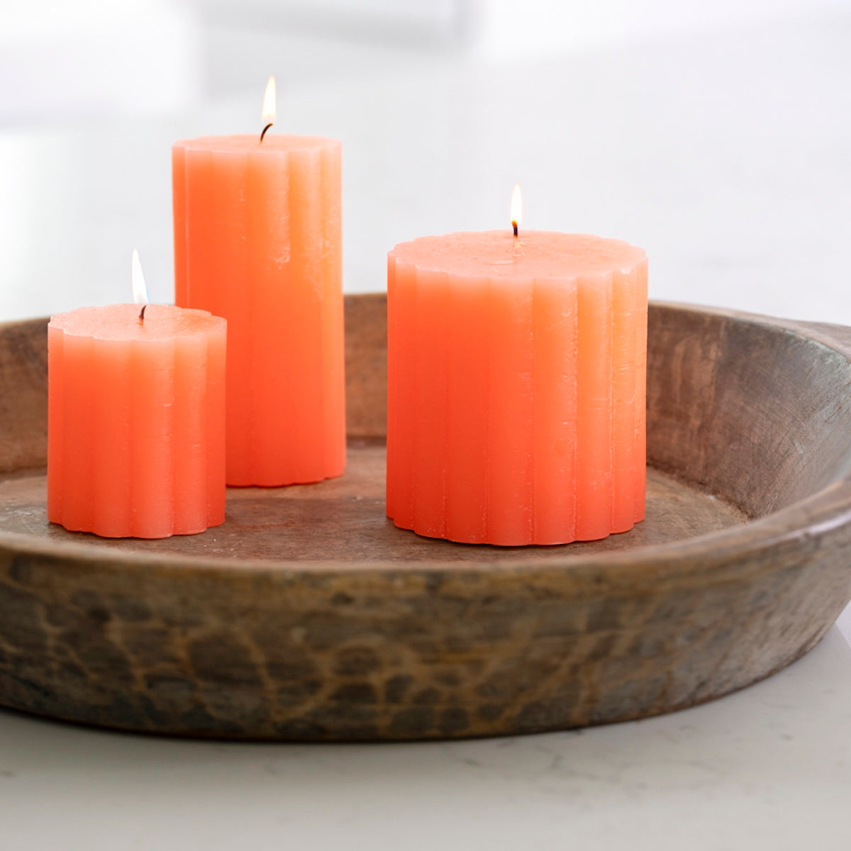 Heliotique | Grand Illusions Rustic Scalloped Pillar Candle - Coral