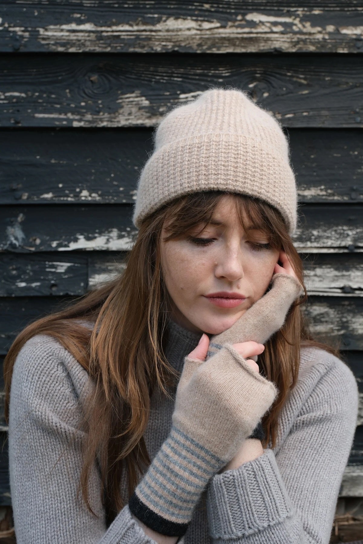 Heliotique | Quinton & Chadwick Angora Fingerless Mittens - Fossil