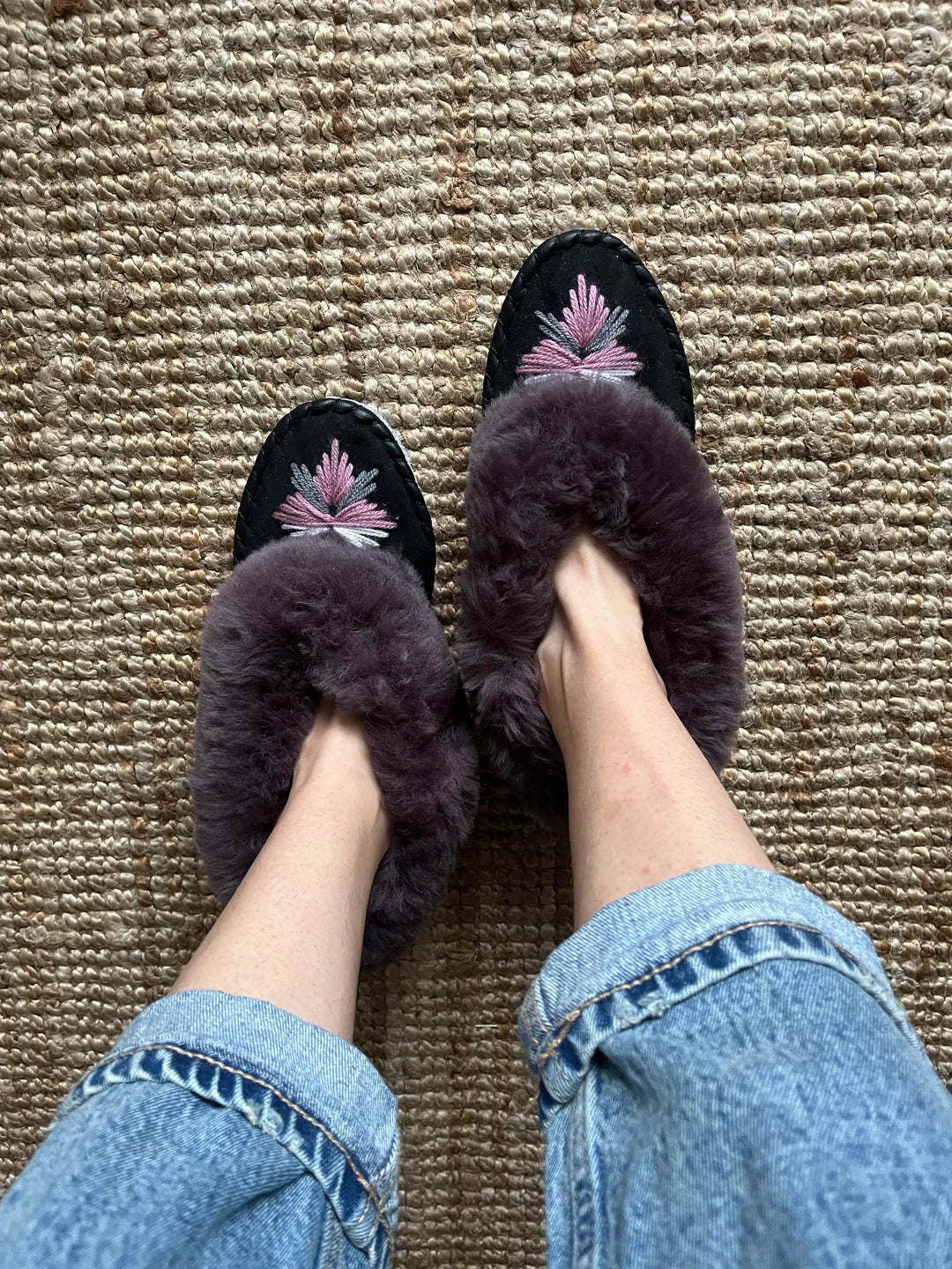 Heliotique Onaie Embroidered Sheepskin Slippers Aubergine