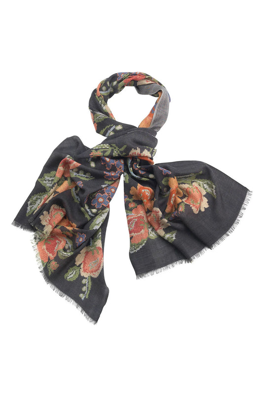 Heliotique | One Hundred Stars Woven Flower Wool Scarf - Black