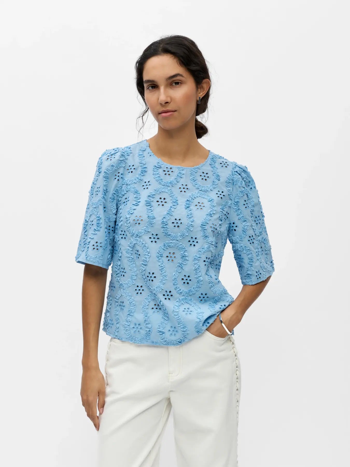 Heliotique Broderie Anglaise T-Shirt Blouse - Light Blue