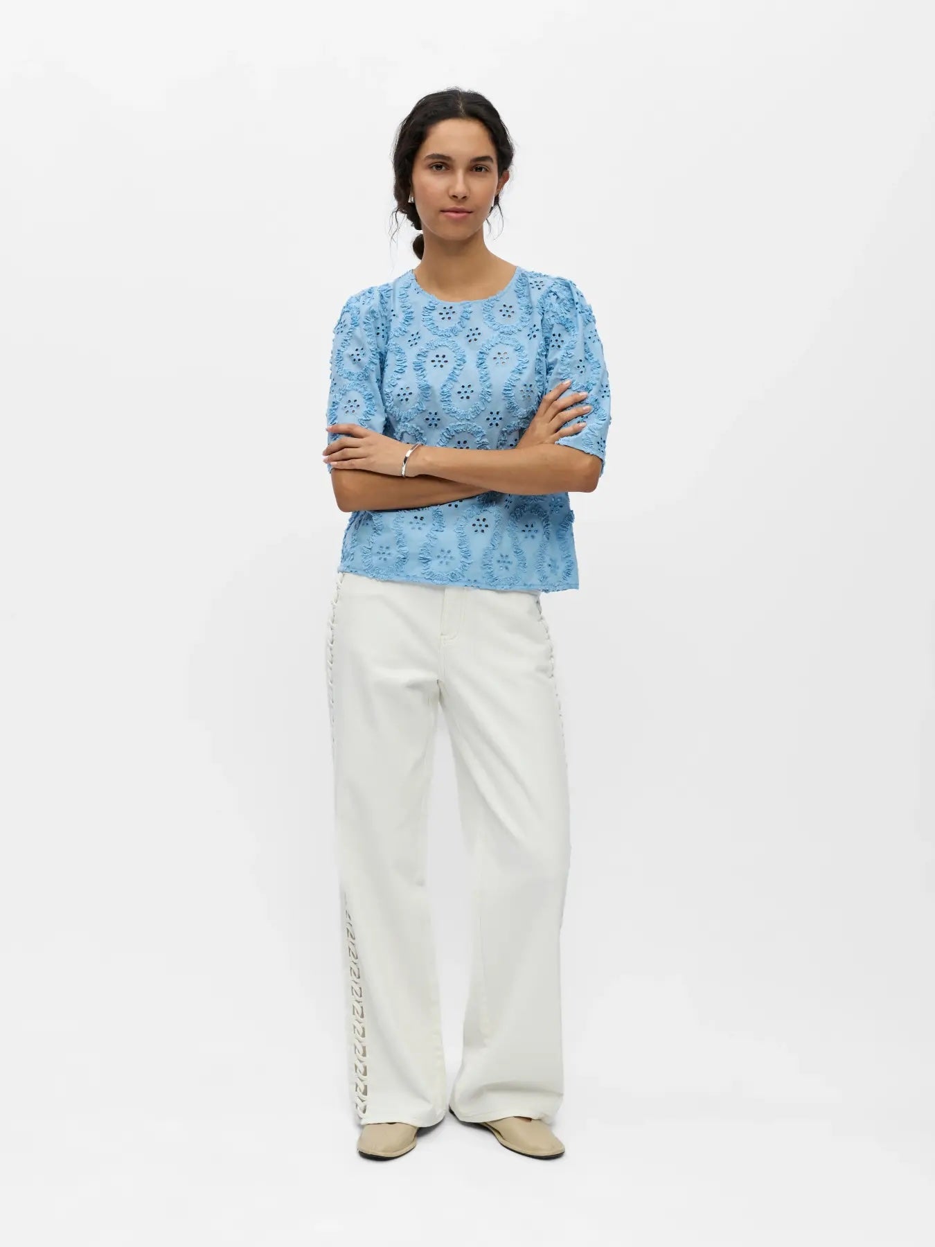 Heliotique Broderie Anglaise T-Shirt Blouse - Light Blue