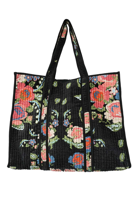 Heliotique | One Hundred Stars Woven Flower Velvet Tote Bag - Black