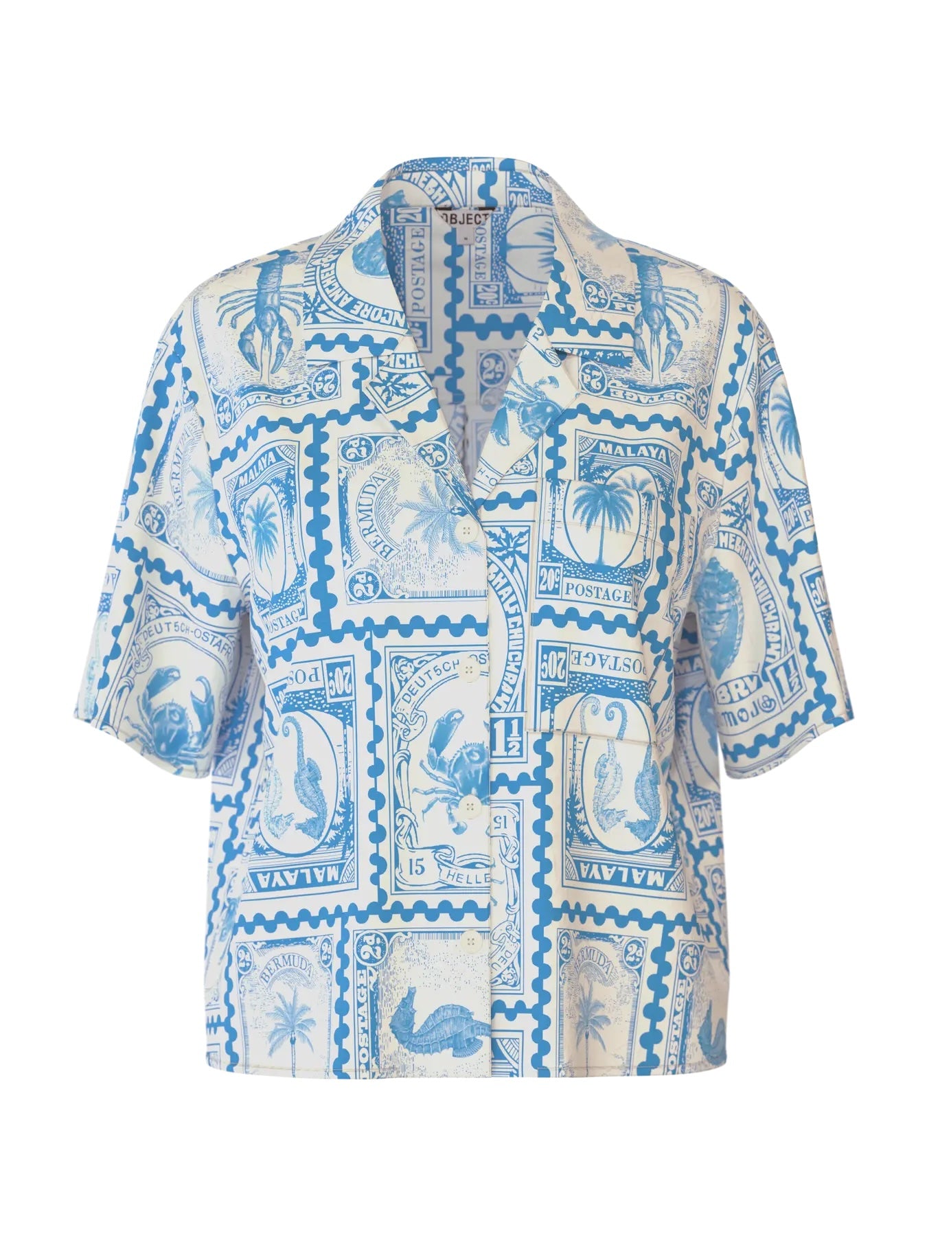 Heliotique Postcard Stamp Relaxed Fit Shirt - Blue