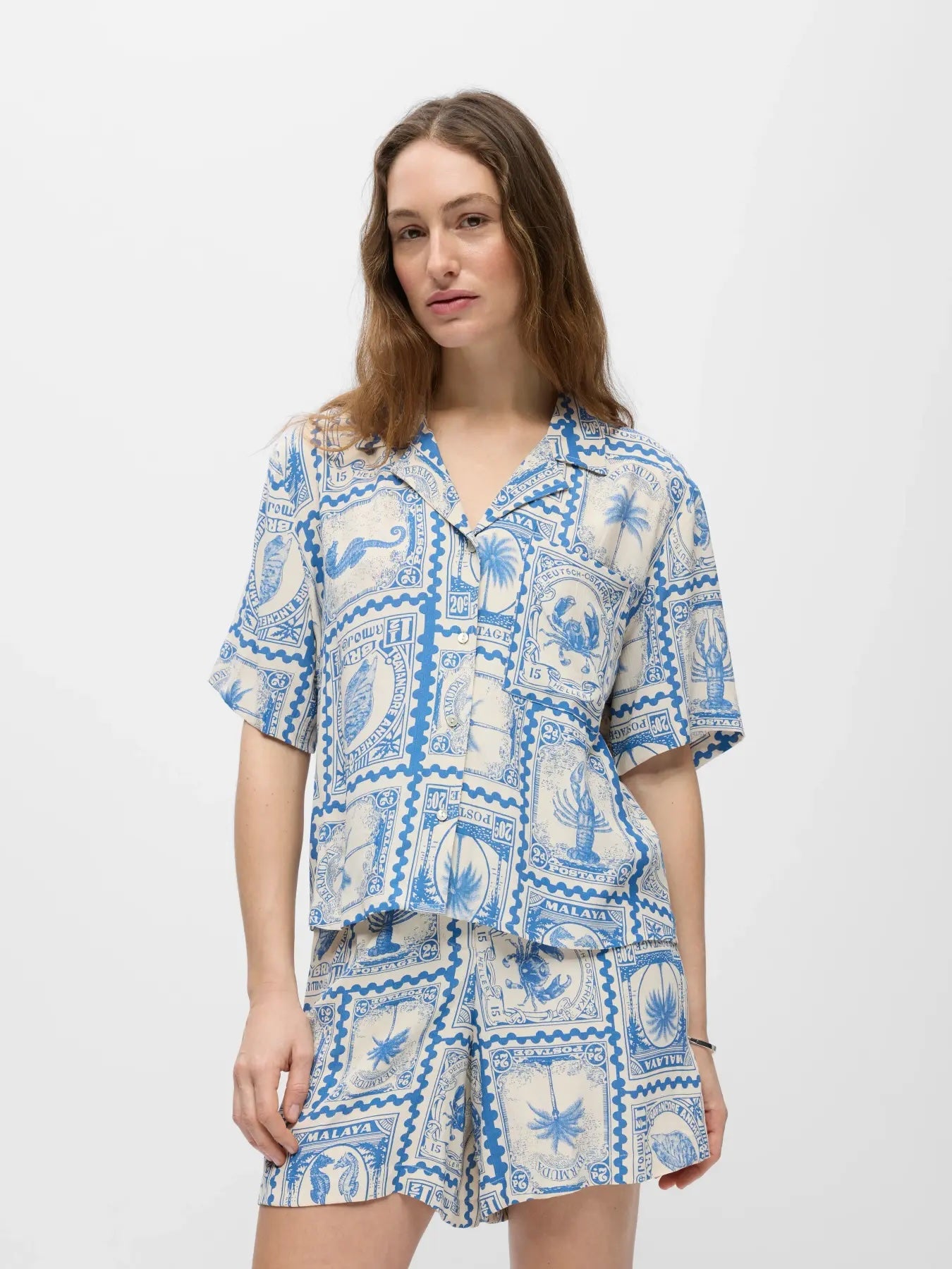 Heliotique Postcard Stamp Relaxed Fit Shirt - Blue