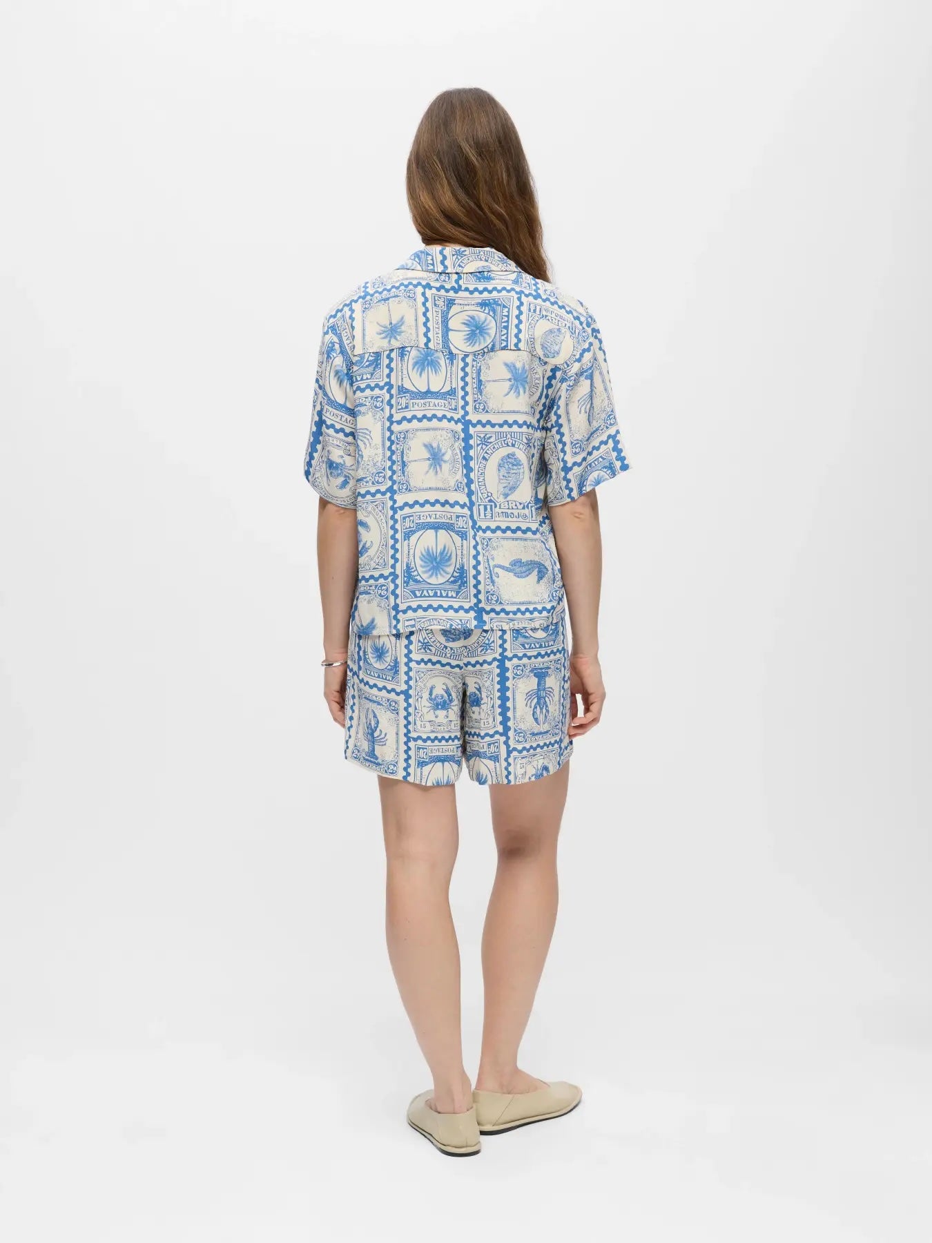 Heliotique Postcard Stamp Relaxed Fit Shirt - Blue